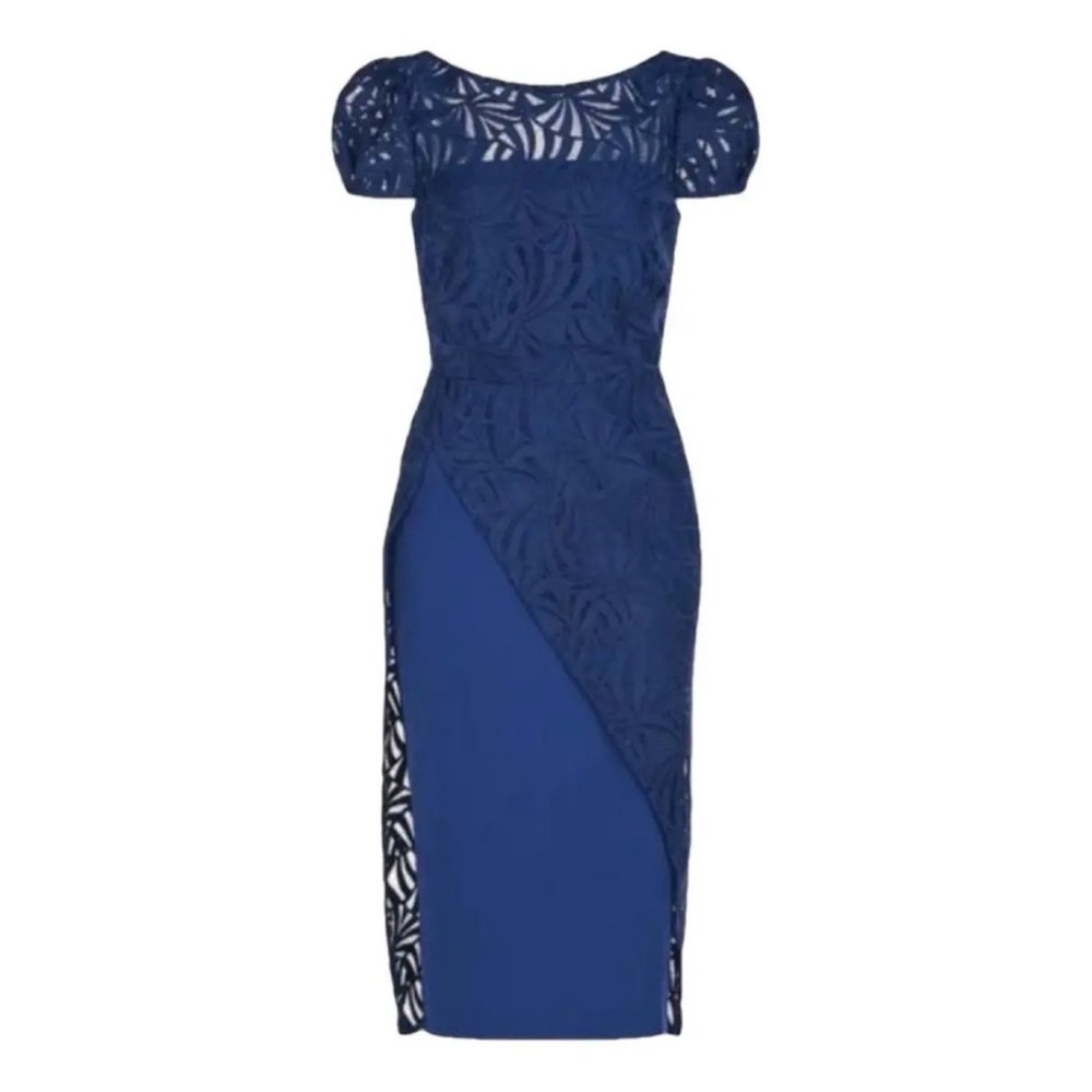 $328 Kay Unger Women's Blue Puff-Sleeve Sheath Zelda Lace Midi Dress Size 2